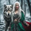 Lady of the Wild Hunt in action. Attractive slender woman with long white hair, emerald green eyes, red lips. Fierce expression. Dressed in viking dress. Frost on the ground. Standing next to large aggressive wolf., Full Body, Photo Realistic