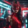 Asian cyberpunk feme fatale in expensive red dress with mask at a masquerade ball smart but dangerous in a high-tech club., Cyberpunk, Photo Realistic