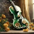 Vintage violin decorated all around with three-dimensional flowers and leaves in green and gold colors, beautiful and pleasant lighting, 8k, Intricate Details, Natural Light