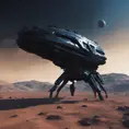 Entire black Spaceship, from side, in an alien planet with dark blue background, Highly Detailed, Unreal Engine