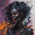 splash art, a quirky liquid portrait of a hauntingly beautiful dark werewolf woman, splash style of paint, Pixar style, Halloween colors, fantastical, splashy, 4k resolution, 8k, Hyper Detailed, Intricate Details, Masterpiece, Oil on Canvas, Concept Art, Digital Art, Dark