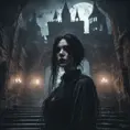 Female ghost with raven hair and black eyest in a creepy castle at night, 8k, Dystopian, Dark