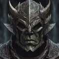 A close up of an orc wearing a helmet, ornate dramatic bat wing helmet, digital 2d fantasy art, intricate armor, face of an armored villian, Highly Detailed, Symmetrical Face, Dark Souls, Concept Art, Fantasy, Dark by Alex Grey, Dan Mumford