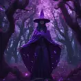 A mysterious witch cloaked in purple chaos energy, standing in a dark forest of salix trees, glowing with a powerful energy, 8k, High Definition, Highly Detailed, Trending on Artstation, Darkwave, Epic, Isometric, Cinematic Lighting, Smooth, 3D Rendering, Octane Render, Vibrant Colors, Ominous by Stanley Artgerm Lau, Zdzislaw Beksinski, H. R. (Hans Ruedi) Giger