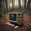 Retro Macintosh desktop computer abandoned in the woods, shot on leica, Unreal Engine, Dynamic Lighting, Volumetric Lighting