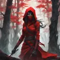 Red hooded female ninja in a haunted forest, Highly Detailed, Intricate, Gothic, Volumetric Lighting, Fantasy, Dark by Stanley Artgerm Lau