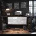 A dark industrial wood desk, with very monitors,very electronic, maximalism, industrial, high tech, ambient occlusion, atmospheric haze, Photo Realistic, Volumetric light effect, Octane Render, Unreal Engine, Wide-angle lens, Ambient Occlusion