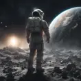 A space explorer on moon, viewing how the earth is destroyed, Magical, Stunning, Digital Painting, Cinematic Lighting, Sharp Focus, Dark, Hyper Realistic