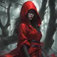 Red hooded female ninja in a haunted forest, Highly Detailed, Intricate, Gothic, Volumetric Lighting, Fantasy, Dark by Stanley Artgerm Lau