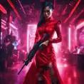 A fierce armed asian assassin in silk red dress at a high tech nightclub, Cyberpunk, Sci-Fi, Photo Realistic