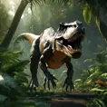 t-rex hunt for prey in lush jungle enviromet, 8k, Ultra Detailed