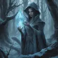 Ice mage in a haunted forest, Highly Detailed, Intricate, Gothic, Volumetric Lighting, Fantasy, Dark by Stanley Artgerm Lau