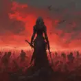 Back view of an assassin woman on a batte field covered by corpses. The sky is colored by a red sun set, Dystopian, Volumetric Lighting