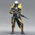 Full body of a high elf sci fi soldier wearing heavy sci fi elven armor, navy blue and yellow and white armor and helmet, visor, boots, male, holding a light machine gun, 8k, Sci-Fi, Fantasy