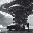 One with a spacecraft parked next to another, in the style of monochromatic compositions, dynamic action sequences, wlop, vray, silver and black, streamline elegance, hisui sugiura, Sci-Fi