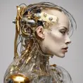 Profile Photography of a cyborg woman head without body, connected by cables and wires and LED, an attractive transparent gold plexiglass body punk PLC Robots with silver motor head, with ray guns, 80 degree view, Cybernatic and Sci-Fi by Salvador Dali, James Jean, Natalie Shau