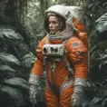 Medium-full shot, muted photo portrait titled "female Astronaut in a Jungle", tangerine space suit, muted palette, reflections, 8k, Highly Detailed