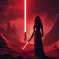 Portrait of a silhouette star wars female jedi with her red lightsaber, on an alien planet, in the style of evocative environmental portraits, dark, red, Sci-Fi, Volumetric Lighting