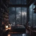 Beautiful cozy, tiny, cramped bedroom with floor to ceiling glass windows overlooking a cyberpunk city at night, view from top of skyscraper, bookshelves, thunderstorm outside with torrential rain, 8k, Highly Detailed, Photo Realistic, Dark, Gloomy