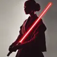 Portrait of a silhouette star wars figure in her red lightsaber, in the style of evocative environmental portraits, dark, red, Sci-Fi, Volumetric Lighting