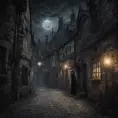 spooky medieval english street, night, ghostly monk standing, Gothic and Fantasy, Dark