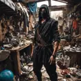 Wide angle Environmental shot of ninja assassin in a cluttered and messy shack, chaotic shack in background, maxilism, Darkwave, Photo Realistic, Sharp Focus, Vibrant Colors