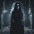 Female ghost with raven hair and black eyest in a creepy castle at night, 8k, Dystopian, Dark