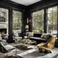 Interior architectural hi-res editorial award photo living room with a small glass wall, victorian coastal Villa inspired by the old town, in Hamptons, black and gold toned, High Resolution, Highly Detailed, Intricate Details, Photo Realistic, Natural Light