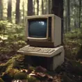 Retro Macintosh desktop computer abandoned in the woods, shot on leica, Unreal Engine, Dynamic Lighting, Volumetric Lighting