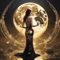 Full body back of an Asian goddess in a black and gold backless dress holding a fan in one hand. A fantastically large moon background, detailed gorgeous face, natural skin, fire and ice, splatter, black ink, liquid melting, dreamy, glowing, glamour, glimmer, shadows, ominous, golden ratio, production cinematic character render, ultra high quality model, 8k, Highly Detailed, Intricate, Masterpiece, Oil on Canvas, Sharp Focus, Smooth, Unreal Engine, Glamour Shot, Vibrant Colors, Ominous