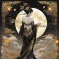 Full body back of an Asian goddess in a black dress with gold decorations. A dress with no flesh on the back, holding a fan in one hand. hyperdetailed eyes, Poster design, line art, a fantastically large moon background, ultra detailed artistic, detailed gorgeous face, natural skin, colour splash art, fire and ice, splatter, black ink, liquid melting, dreamy, glowing, glamour, glimmer, shadows, brush strokes, ominous, golden ratio, production cinematic character render, ultra high quality model, 8k, Highly Detailed, Intricate, Masterpiece, Oil on Canvas, Sharp Focus, Smooth, Unreal Engine, Glamour Shot, Vibrant Colors, Ominous