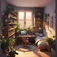 isometric render, messy nostalgic bedroom with a gaming pc, windows, plants bookshelves, desk, 8k, Behance, Dynamic Lighting, Concept Art, 3D art, Muted