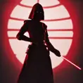 Portrait of a silhouette star wars figure in her red lightsaber, in the style of evocative environmental portraits, dark, red, Sci-Fi, Volumetric Lighting