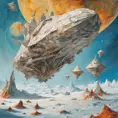 large landscape Photography, a large origami spaceship sailing in space around a frozen planet is attacked by enemy rockets, 80 degree view, 8k, Sci-Fi by Salvador Dali, James Jean