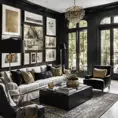 Interior architectural hi-res editorial award photo living room with a small glass wall, victorian coastal Villa inspired by the old town, in Hamptons, black and gold toned, High Resolution, Highly Detailed, Intricate Details, Photo Realistic, Natural Light