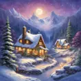 Charming fairy tale village, snow-covered decorated Christmas trees, warm inviting cabin, snowflakes, mountains with waterfall, soft light far-away full moon, glitter, stars, stardust, electric blue and purple sky, Digital Painting, Sharp Focus, Vibrant Colors, Hyper Realistic by Thomas Kinkade