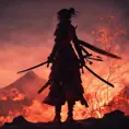 Silhouette of a samurai female assassin in the style of Fire watch, 8k, Dystopian, Trending on Artstation, Volumetric Lighting