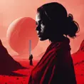 Portrait of a silhouette star wars female jedi with her red lightsaber, on an alien planet, in the style of evocative environmental portraits, dark, red, Sci-Fi, Volumetric Lighting