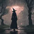 Enigmatic witch in rain standing in a spellbound park, 8k, Sci-Fi, Fantasy