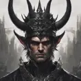 Head of a man with black hair wearing a horned crown, 4k resolution, Ultra Detailed, Closeup of Face, Gothic and Fantasy, Gothic, Horns, Large Eyes, Strong Jaw