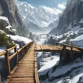 A steep cliff, in the middle of snow-capped mountains go to a big wood bridge., 8k, Masterpiece, Wallpaper, Hyper Realistic