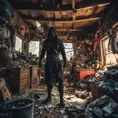 Wide angle Environmental shot of ninja assassin in a cluttered and messy shack, chaotic shack in background, maxilism, Darkwave, Photo Realistic, Sharp Focus, Vibrant Colors