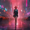 full body shot, beautiful woman walking with beatiful and detailed eyes, dynamic pose, slightly athletic beatiful body, medium-sized chest, detailed attire, Hyper Detailed, Intricate Artwork, Masterpiece, Cybernatic and Sci-Fi, Cyberpunk, Freckles, Full Lips, Red Hair, Smiling, Digital Illustration, Cityscape, Blade Runner 2049, Neon light effect, Realistic, Sharp Focus, Wide Angle, Neon, Dripping Colors, Matte, Futurism, Artwork, Dieselpunk, Colorful, Dynamic, Elegant, Expressive, Graceful, Hot, Gloomy, Sad, Stormy, Terrifying, Tired