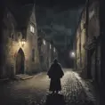 spooky medieval english street, night, ghostly monk standing, Gothic and Fantasy, Dark