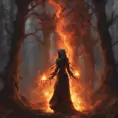 Fire mage in a haunted forest, Highly Detailed, Intricate, Gothic, Volumetric Lighting, Fantasy, Dark by Stanley Artgerm Lau