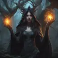 Sorceress in a haunted forest, Highly Detailed, Intricate, Gothic, Volumetric Lighting, Fantasy, Dark by Stanley Artgerm Lau