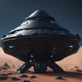 Entire black Spaceship, from side, in an alien planet with dark blue background, Highly Detailed, Unreal Engine