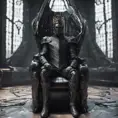 An ultrarrealistic distant   photograph of a futuristic medieval  king style  power suit, made of black mate  metal and polymer, full crystal hull, for a man, visible wires,  sitting in a throne, 8k, Dystopian, Elegant