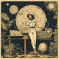 A woman dressed in an old-fashioned space outfit, with a constellations map in a desk and an astrolab in the hand in a jungle. Detailed image with vintage vidéo game animation style, with great lighting and tension., Vintage Illustration, Retro-Futurism