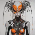 Ethereal minimalist Alien race cybergoth fashion photography painting, in the style of fluorecent orange  ,pearl_white  black  and silver , heavy use of palette knives, full body wide shot painting of teachment , Intricate, Sharp Focus, Concept Art